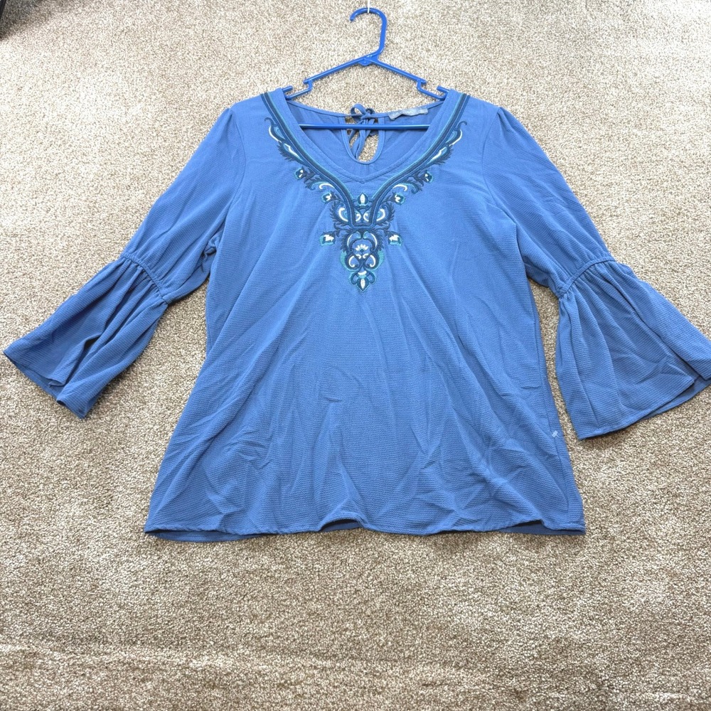 Octavia Womens Blue Embroidered V-Neck Bell Sleeve Blouse M Boho Textured Top